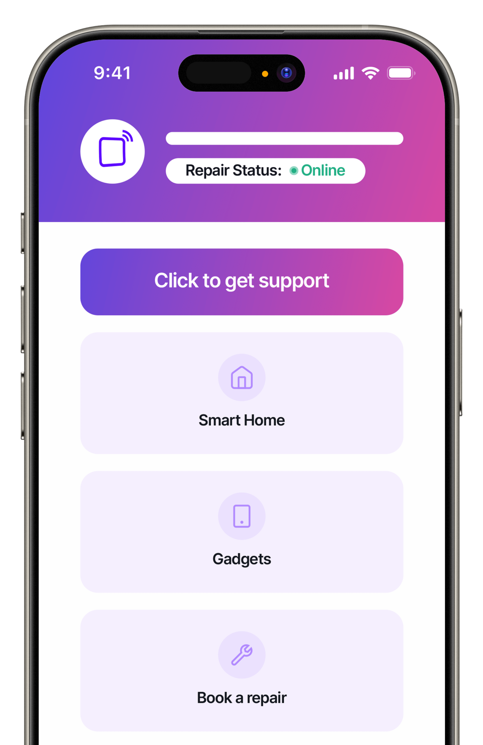 The SmarterBox app on a phone, with buttons to get support, manage smart home devices and book a repair