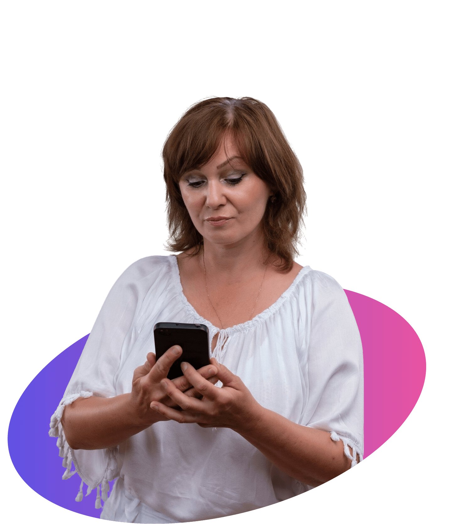 A woman looking uncertainly at her phone